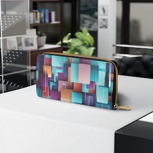 Retro Colorful Squares Wallet, Zip Coin Purse, Vintage Style Wallet, Geometric Money Organizer, Cute Wallet, Gift for Mom