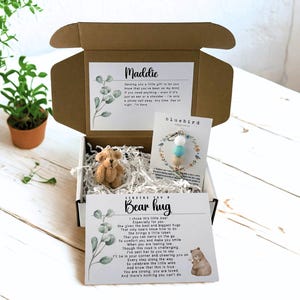 Pocket Bear Hug Box with Good Luck Charm, Tiny Bear with Pocket Hug Charm, Personalized Thinking of You Care Package, Bluebird Gift Set