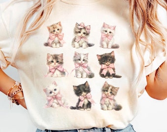 Cottagecore Cat Shirt Vintage kitten and bows aesthetic clothing gift for cat owners vintage kitten t-shirt cute kitten tee for cat lovers