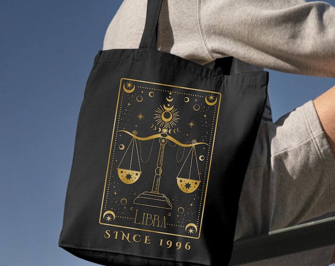 Libra Zodiac Tote Bag: Personalized Astrology Gift, Gold Celestial Design