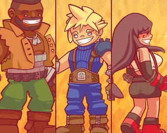 Final Fantasy 7 Art Print Set | Cloud, Tifa & Barret | Cute Chibi Wall Art | Cozy Gamer Desk Decor | FF7 Rebirth Poster 8x8