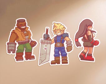 Final Fantasy 7 Sticker Set | Cloud, Tifa & Barret | Cute Chibi FF7 Rebirth Decal | Kawaii Gamer Gift | Waterproof Laptop Sticker