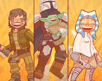 Star Wars Art Print Set | Mandalorian & Grogu, Ahsoka, Andor | Cute Kawaii Wall Art | Nursery Decor | Sci-Fi Poster 8x8