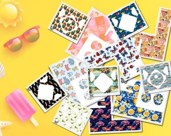 Peut inclure: Une collection de découpages en papier carrés et en forme de L présentant divers motifs colorés, notamment des sucettes glacées, des créatures marines, des citrons et des nœuds patriotiques, disposés sur un fond jaune vif avec des lunettes.
