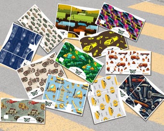 Peut inclure: Ensemble de cartes à motifs sur le thème des transports. Les motifs incluent des camions, des voitures, des motos et des engins de chantier. Chaque carte présente un motif unique avec un papillon.