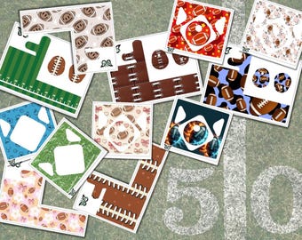 Peut inclure: Une collection de cadres en papier découpés présentant divers thèmes de football américain, incluant des motifs de terrain, des textures de cuir marron avec lacets et des imprimés sportifs colorés pour le scrapbooking ou les photos.