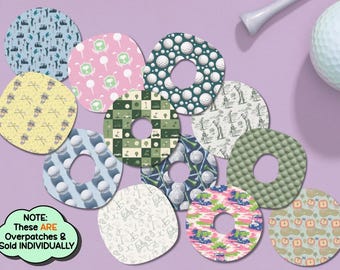 Peut inclure: Une collection de patchs adhésifs circulaires présentant divers motifs sur le thème du golf, notamment des balles, des clubs, des chariots et des damiers. Une bulle de texte indique : NOTE: These ARE Overpatches & Sold INDIVIDUALLY.