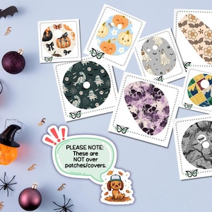 May include: A collection of Halloween-themed patches and covers with various designs, including pumpkins, ghosts, and skulls. The patches are arranged on a light blue surface with Halloween decorations. A speech bubble states "PLEASE NOTE: These are NOT over patches/covers."