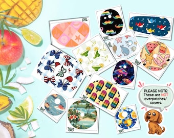 Peut inclure: Une collection de patchs décoratifs avec divers motifs, notamment des nœuds, des cocktails et des scènes tropicales. Les patchs présentent des couleurs et des motifs vifs, avec quelques papillons. Un petit chien de dessin animé est également présent.