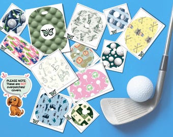 Peut inclure: Une collection d'autocollants sur le thème du golf avec des motifs de balles, clubs, chariots et joueurs, accompagnés d'un club et d'une balle. Un autocollant de chien brun porte le texte : PLEASE NOTE: These are NOT overpatches/covers.