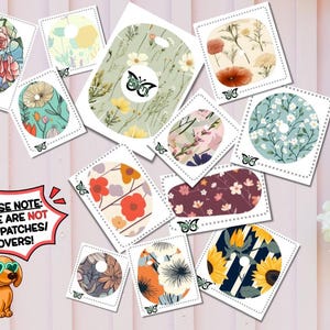 May include: A collection of various circular and oval-shaped stickers featuring diverse floral and botanical patterns. Each sticker has a white border with a small butterfly icon. A speech bubble contains the text: PLEASE NOTE: THESE ARE NOT OVERPATCHES/ COVERS!