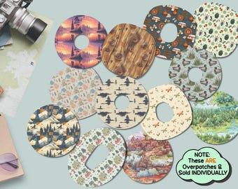 Peut inclure: Une collection de patchs adhésifs circulaires avec divers motifs imprimés, notamment des paysages forestiers, du bois, du camping, des insectes, des canards et des montagnes. Une bulle verte contient le texte : NOTE: These ARE Overpatches & Sold INDIVIDUALLY.