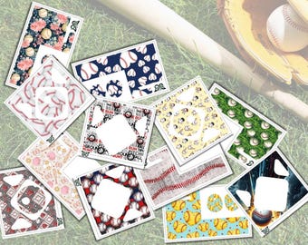 Peut inclure: Divers motifs sur le thème du baseball, avec des balles, des coutures et des motifs floraux. Les motifs sont présentés sur des cartes carrées et rectangulaires, avec une batte, un gant et une balle de baseball en arrière-plan.