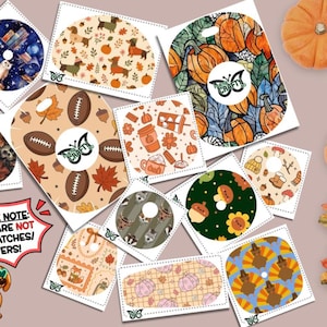 May include: A collection of various shaped paper cutouts featuring seasonal autumn patterns including pumpkins, footballs, turkeys, and woodland animals. Each cutout has a central hole and a small butterfly logo. Text reads: PLEASE NOTE: THESE ARE NOT OVERPATCHES/ COVERS!