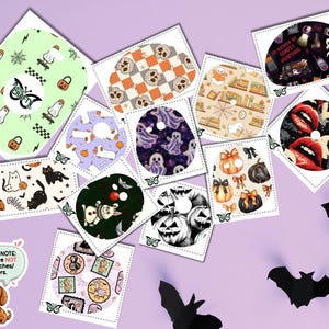 May include: A collection of circular adhesive patches featuring various Halloween-themed patterns including ghosts, pumpkins, skulls, black cats, and lips. A small sticker with a cartoon dog and the text PLEASE NOTE: These are NOT overpatches/covers.