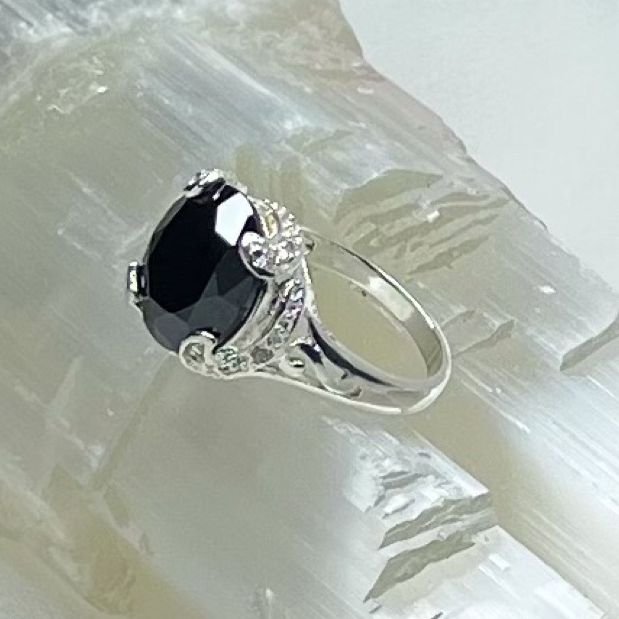 Black and Clear Crystal Silver Ring, 925 Sterling Silver