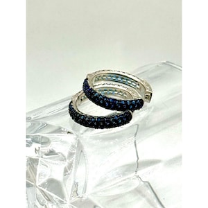 Medium Pave Sapphire 925 Sterling Silver Hoops Earrings, with Blackened Silver, Fine Silver Jewelry, Birthstone Earrings, Bride Earrings
