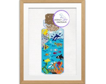 Underwater scene in a bottle cross stitch pattern (PDF download)