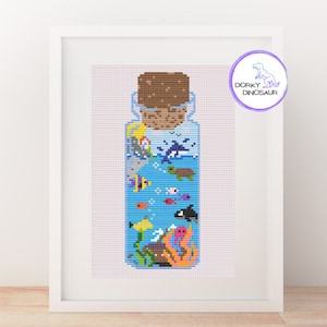 Underwater scene in a bottle cross stitch pattern (PDF download)