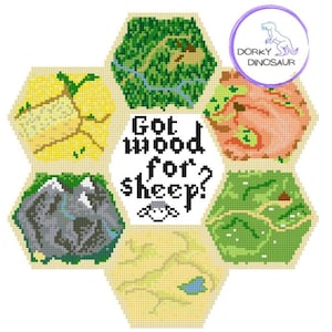 May include: Hexagon-shaped game board tiles with various terrain types, including forests, mountains, and fields. The text "Got wood for sheep?" is centered, with a sheep graphic. A circular logo with a dinosaur is in the upper right corner.