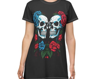 Rose-Touched Souls künstlerisches T-Shirt Kleid, Schädel in Liebe T-Shirt Kleid, langes T-Shirt für Frauen