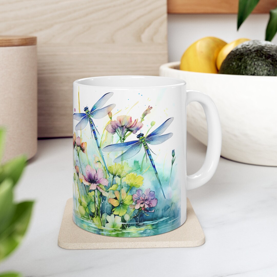 Dragonfly Flowers Mug, Watercolor Dragonfly Mug, Relaxing Design Mug Etsy