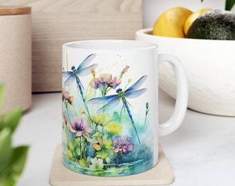 Dragonfly Flowers Mug, Watercolor Dragonfly Mug, Relaxing Design Mug