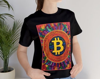 May include: Black t-shirt with a colorful graphic of a bitcoin symbol inside a circle. The graphic is surrounded by a rainbow of colors.
