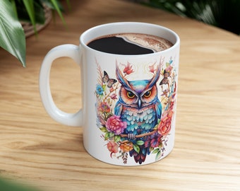 Floral Owl Harmony Mug, Owl Mug, Colorful Owl Flowers Mug