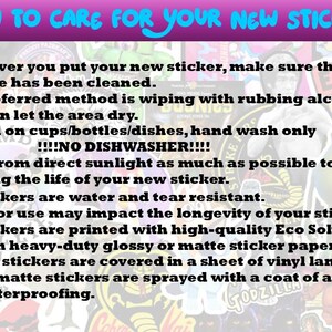 May include: Instructions for sticker care, including cleaning the surface before application, hand washing, and avoiding direct sunlight. The text also mentions the stickers are water and tear-resistant.