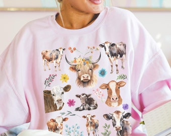 Floral Kuh Sweatshirt, Kühe Pullover, Kuh-Liebhaber-Hemden, Bauer Mutter Geschenk, Bauernhof Frau Hemden, Retro Boho Wildflower Cattle T-Shirt, Kuh Geschenke