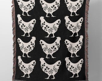 Floral Chicken 100% Cotton Woven Blanket, Farmhouse Decor, Chicken Lover Gift, Chicken Home Decor, Chicken Homestead Mom Woven Wall Hanging