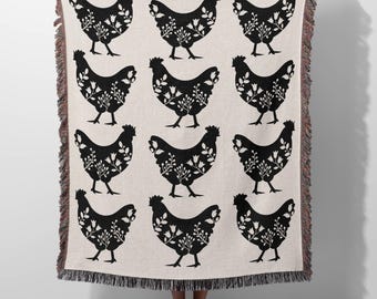 Floral Chicken 100% Cotton Woven Blanket, Farmhouse Decor, Chicken Lover Gift, Chicken Home Decor, Chicken Homestead Mom Woven Wall Hanging