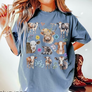 Floral Cow Comfort Colors tshirt, Cow T shirt, Cow Lover shirt, Farmer Mom gift, Farm Wife shirts, Retro Boho Wildflower Cattle t-shirt