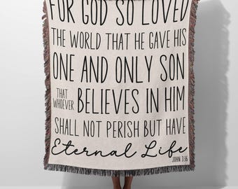 John 3:16 Woven Blanket, 100% Cotton Scripture Blanket, Christian Bible Verse Home Decor, Gift for Christian Friend