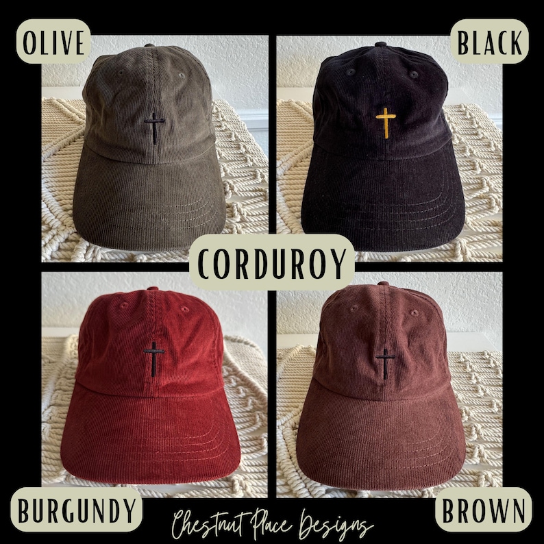May include: Four corduroy baseball caps in different colors: olive, black, burgundy, and brown. Each cap features a small embroidered cross on the front.