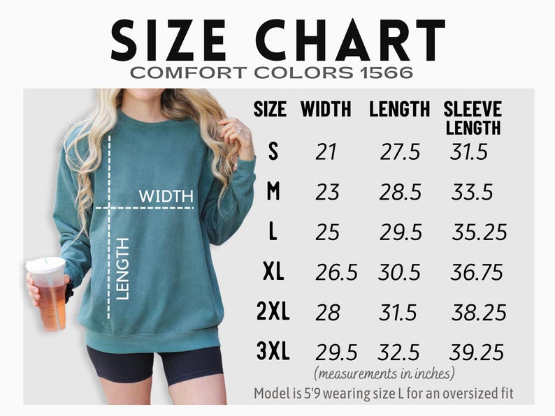 Puede incluir: Tabla de tallas para una sudadera con medidas en pulgadas para las tallas S a 3XL. La tabla muestra el ancho, la longitud y la longitud de la manga. La modelo mide 1,75 m y lleva la talla L para un ajuste holgado.