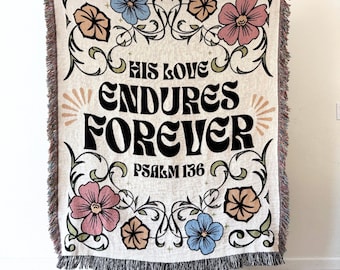His Love Endures Forever 100% Cotton Woven Blanket, Christian Gifts, Scripture Throw Blankets, Christian Home Decor