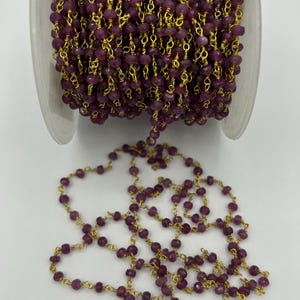 Natural Ruby Rondelle Faceted Chain, Sold by Foot, Continuous Length Chain, Sterling Silver Chain