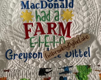 Old MacDonald Baby Quilt: Farm Nursery Blanket, Embroidered Cotton