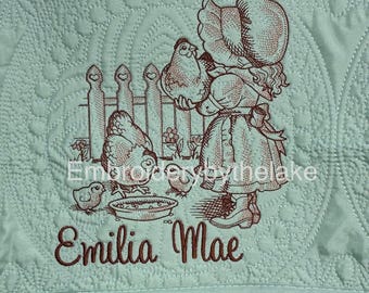 Embroidered Farm Girl Baby Quilt: Chicken Nursery Blanket