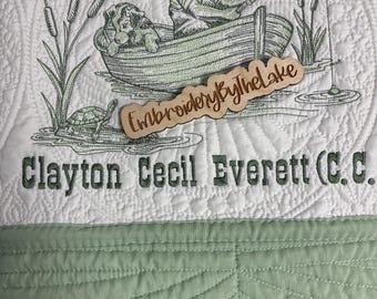 Embroidered Fishing Baby Quilt: Personalized Nursery Blanket