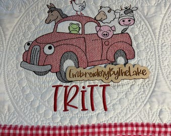 Farm Animal Baby Quilt: Embroidered Red Truck Nursery Blanket