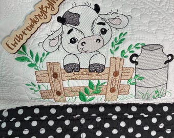 Cow Baby Quilt, Farm Nursery Decor, Embroidered Cotton Blanket