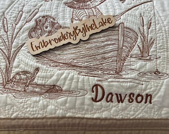 Fishing Baby Quilt: Embroidered Cotton Nursery Blanket