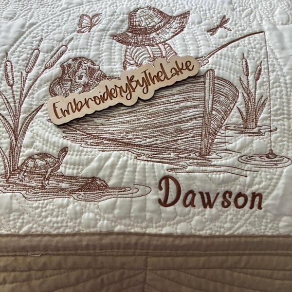 Fishing Baby Quilt: Embroidered Cotton Nursery Blanket