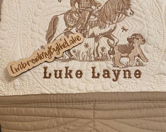 Embroidered Cowboy Baby Quilt: Western Nursery Blanket