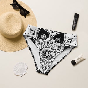 High-Waisted Bikini Bottom Black and White Flower