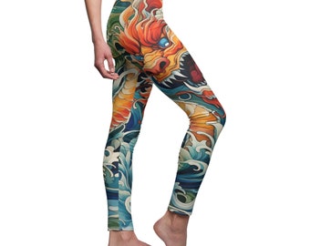 May include: Colorful leggings with a dragon and wave design. The dragon is red, orange, and yellow, and the waves are blue and white.