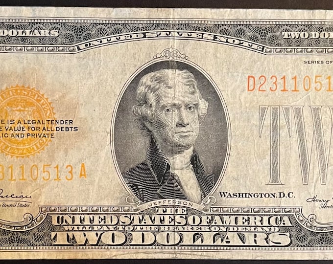 1928 Yellow Seal Two Dollar Bill Circulated Etsy